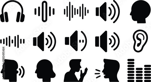 Black silhouette icons representing various audio and communication concepts like headphones, sound waves, and speakers