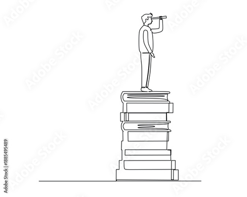 Man stands atop a towering stack of books, gazing into the distance with a telescope, representing the pursuit of knowledge for future insight and discovery