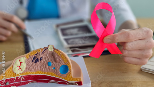 Doctor is holding pink ribbon and anatomy of mammary gland demonstrating support to patient concept