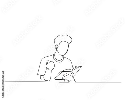 This continuous line drawing depicts a focused individual deeply engrossed in reading a book, expressing determination with a clenched fist on a clean white background