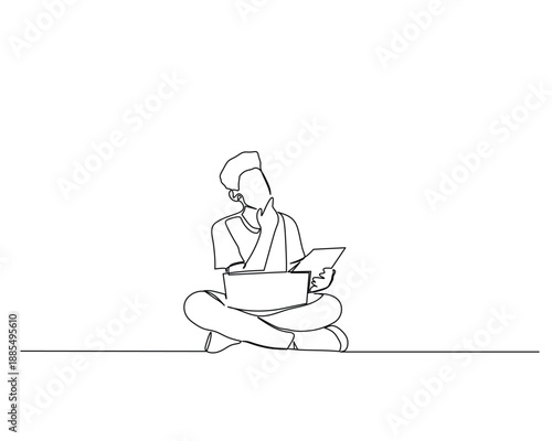Minimalist continuous line art depicts a person sitting cross legged, contemplating while using a laptop and holding a tablet, suggesting learning or remote work