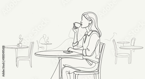 Woman Drinking Coffee at Outdoor Table.