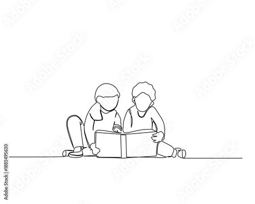 Two young children are depicted in a minimalist continuous line art style, sitting closely and sharing an open book This illustration evokes themes of childhood education and collaborative learning
