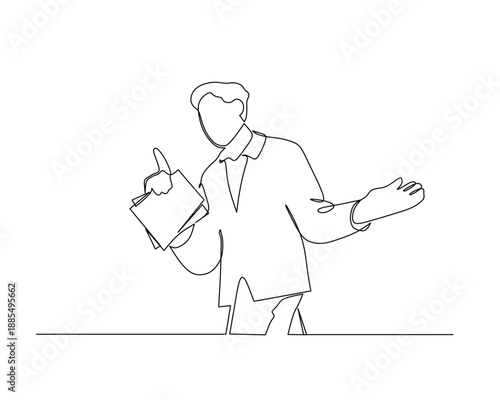 Continuous line drawing depicts a male speaker holding documents, pointing his thumb up, and gesturing with an open hand The minimalist style conveys a sense of clarity and direct communication