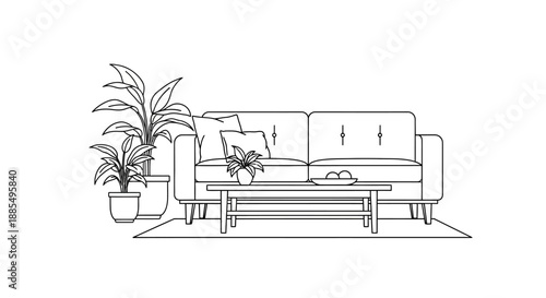 Line Art Sofa and Coffee Table Illustration.