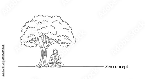 Woman Meditating Under Tree Simple Line Art.