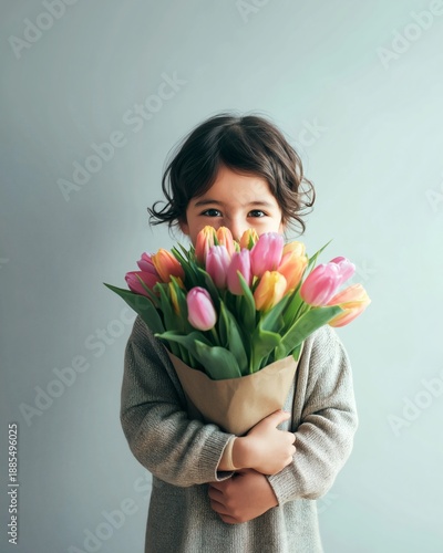 Wallpaper Mural Child holding a bouquet of tulips wrapped in paper against a plain light background. Torontodigital.ca