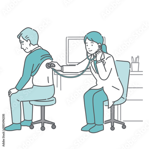 白衣を着た女性医師による高齢男性（おじいちゃん）の背中の聴診・診察のイラスト