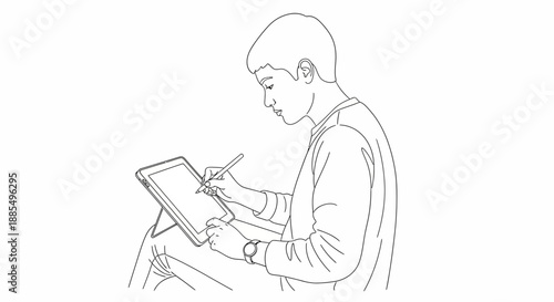 Man Drawing on Digital Tablet with Stylus.