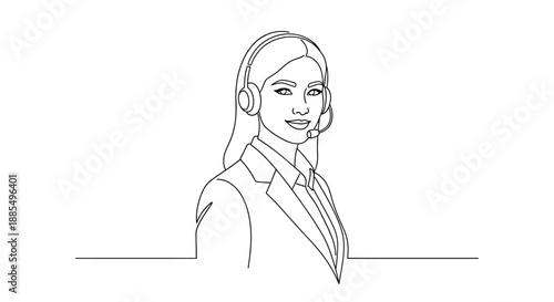 Woman Wearing Headset Simple Line Drawing.