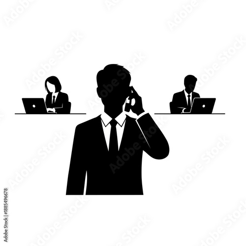 A businessman in a suit talks on the phone in a modern office