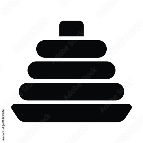 Solid black illustration of a stacking ring toy with simple layered shapes. Bold monochrome style suitable for early childhood education, motor skill development, and kids learning materials on white 
