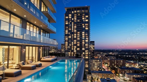 Modern highrise apartment exterior view overlooking illuminated cityscape at dusk