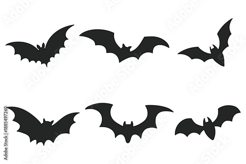 Hand-drawn cartoon set of black bats on a white background.