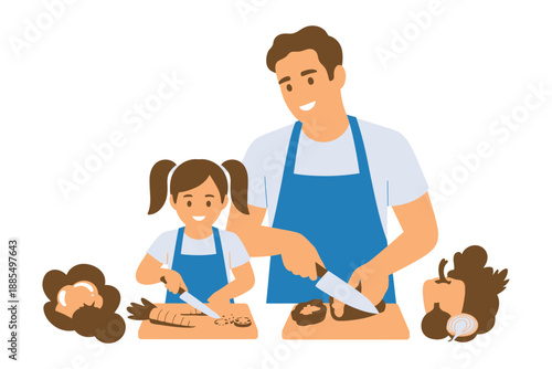 A man and a young girl cooking together in the kitchen with aprons on.