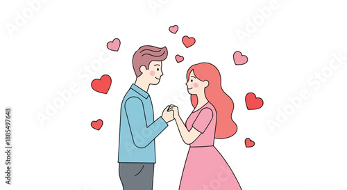 Couple holding hands surrounded by hearts in a romantic illustration