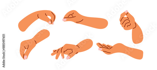 Gesticulation. Human hands in different positions, flat vector illustration showing varied gestures and poses for use in apps, guides, and educational materials. Doodle style isolated human hands