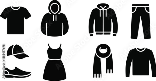 Curated selection of common apparel items including casual wear, dresses, and accessories as icons