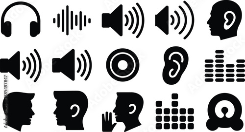 Diverse black silhouette icons illustrating sound, audio, communication, and music related elements on white