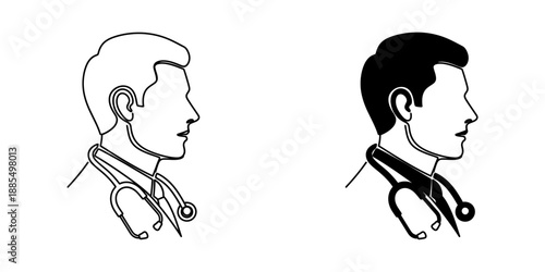 Male Doctor Profile Icon with Stethoscope – Medical Professional, Physician, and Healthcare Consultant Line Art