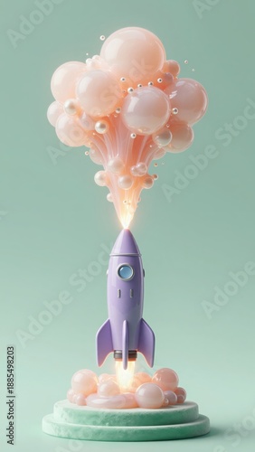 Lavender porcelain rocket taking off from a mint velvet pedestal, emitting a peach gelatin explosion and glowing pearls. Concept of dreamlike exploration and premium whimsicality.