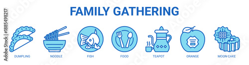 Family Gathering web banner icon vector illustration concept with icon of dumpling, noodle, fish, food, teapot, orange, and moon cake.