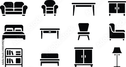 Diverse collection of modern home furniture and living space items presented as simple solid black icons