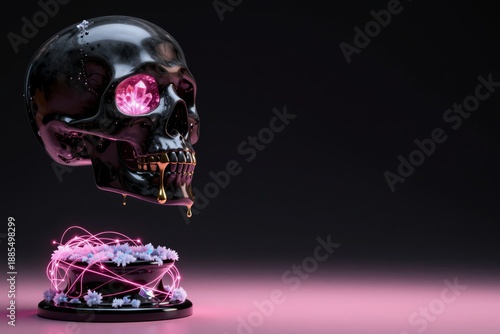 High-gloss obsidian skull with hot-pink bioluminescent crystals and liquid gold drips against a matte-black void. Concept of dark digital elegance and the luxury of futuristic mortality.