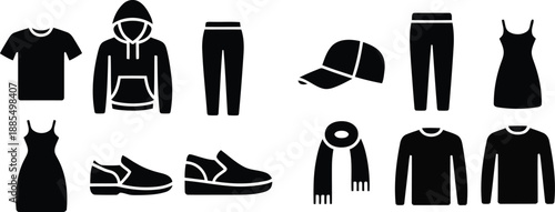 Diverse collection of popular clothing items and accessories presented as flat black silhouette icons