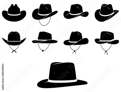 set of nine black cowboy hat silhouettes in various styles