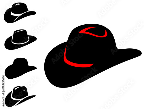 vector graphic illustration of a black cowboy hat with red accents and four smaller variations