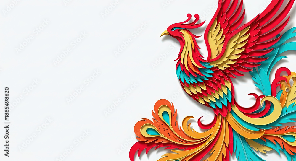 Fototapeta premium Colorful phoenix illustration with vibrant designs representing renewal and prosperity on a clean background with copy space for Chinese New Year poster use.