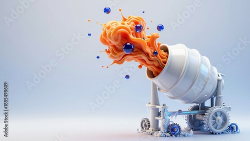 Porcelain concrete mixer erupting with orange silk and cobalt glass spheres against a minimalist blue gradient. Concept of industrial metamorphosis and the fluid energy of construction.