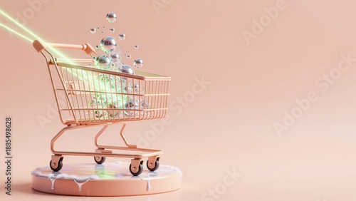 Levitation of a peach porcelain shopping cart with neon laser mesh and overflowing iridescent chrome bubbles. Concept of futuristic consumerism and the weightless luxury of digital retail.