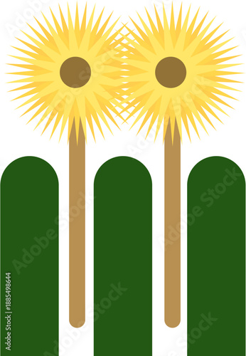 Two stylized bright yellow spiky flowers stand tall above dark green arched foliage against a stark black background in a minimalist vector graphic design illustrating springtime nature.