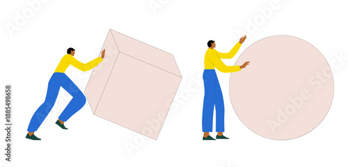 Energy theft concept. Comparing yourself to others. Man pushing cube, circle. Metaphor of difference. Vector illustration.