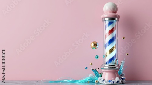 Rose porcelain barber pole leaking aqua-blue mercury and liquid gold through a cracked cylinder. Concept of nostalgic grooming and the fluid luxury of classic aesthetic traditions.