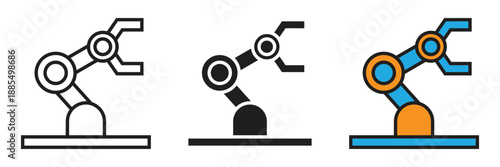 Mechanical Robotic Arm vector icon. Industrial robotic arm icon for manufacturing and assembly lines, symbolizing automation technology, mechanical engineering, and precision robotic hardware