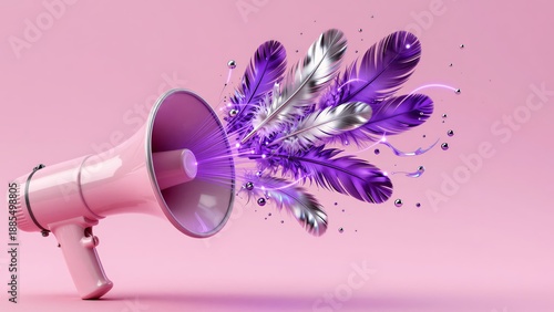 Powder-pink porcelain megaphone with an explosion of violet liquid glass and silver metallic feathers. Concept of vocal power and the unique commercially striking nature of sound.