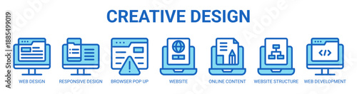 Creative Design web banner icon vector illustration concept with icon of web design, responsive design, browser pop up, website, online content, website structure, and web development.