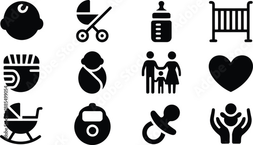 Essential black vector icons representing comprehensive baby care items and family relationships