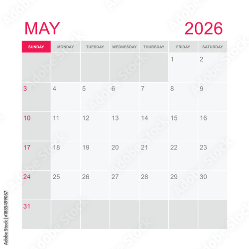 Classic monthly calendar for 2026. week starts on sunday. simple may 2026 calendar template. pink style monthly planner design in box