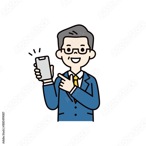 スマートフォンで紹介・案内する、スーツを着た中高年男性のシンプルなベクターイラスト素材
