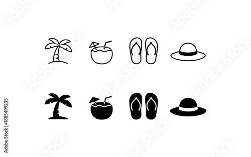Collection of simple summer vacation icons including palm tree, coconut drink, flip-flops, and hat
