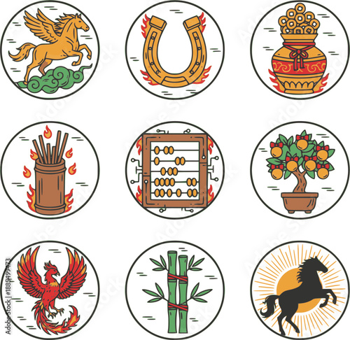 Professional 2026 Year of the Fire Horse fortune icons. Detailed vector set featuring wealth vases, lucky horseshoes, and abacus symbols. High-quality red and gold graphics on white.