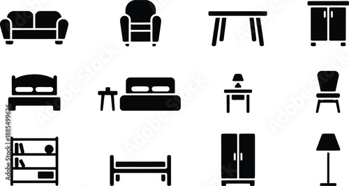 Extensive collection of black silhouette furniture icons representing various household items and fixtures