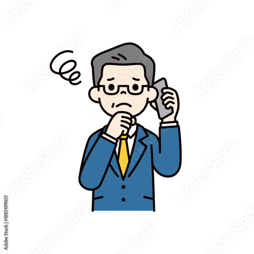 困った表情でスマホで通話する、年配の上司・社長・経営者のシンプルなベクターイラスト素材