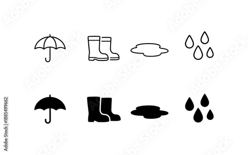 Set of simple icons representing rainy weather and protection from it
