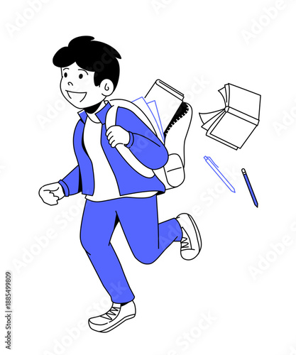 Boy Running with Open Backpack - Colorful Flat Design Illustration