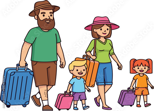 Happy family traveling with luggage cartoon vector illustration, parents and children walking together, vacation, tourism and travel concept
